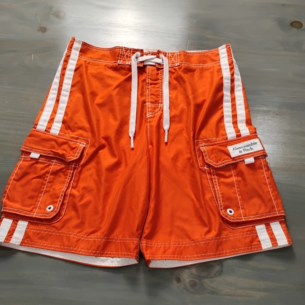 Vtg Abercrombie & Fitch Board Shorts Men's Large Orange Stripe Cargo Swim Trunks